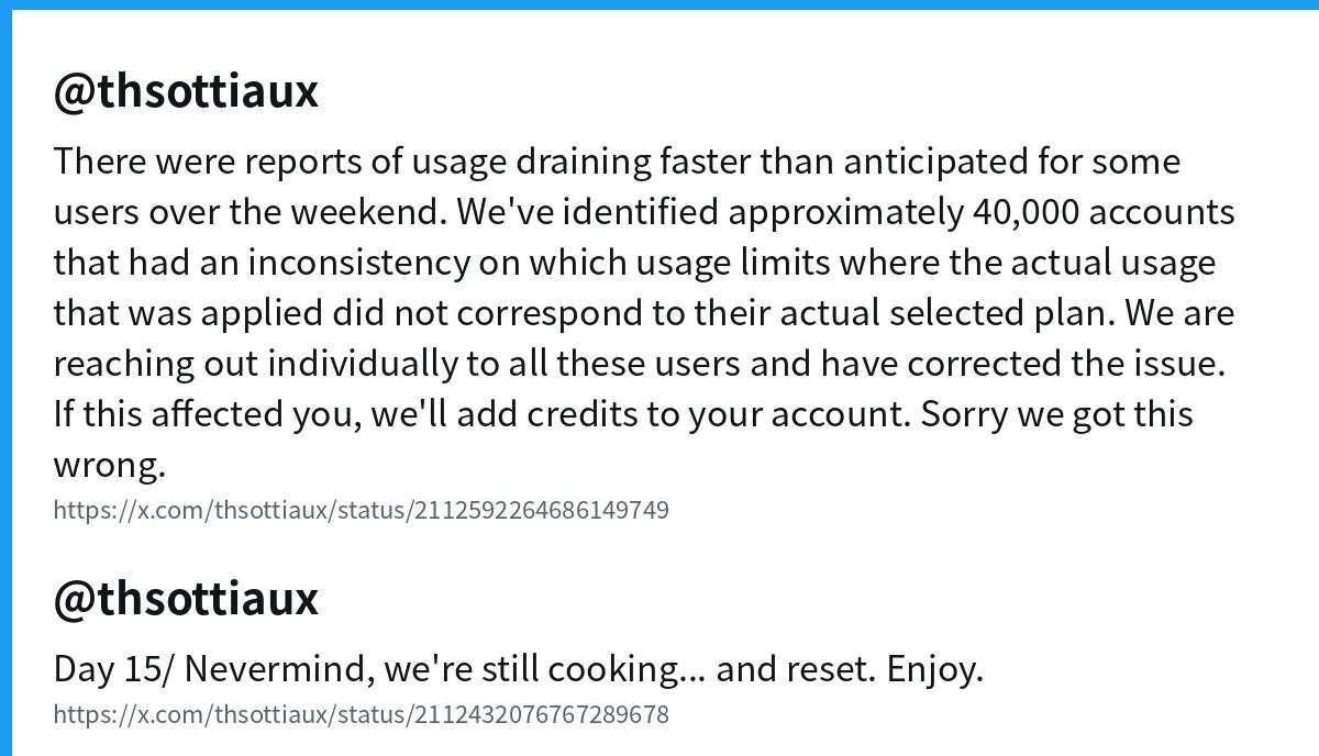 thsottiaux 关于额度问题的两条推文