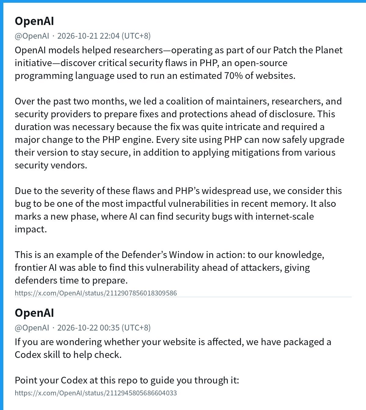 OpenAI's posts on the PHP flaw and the Codex checker skill