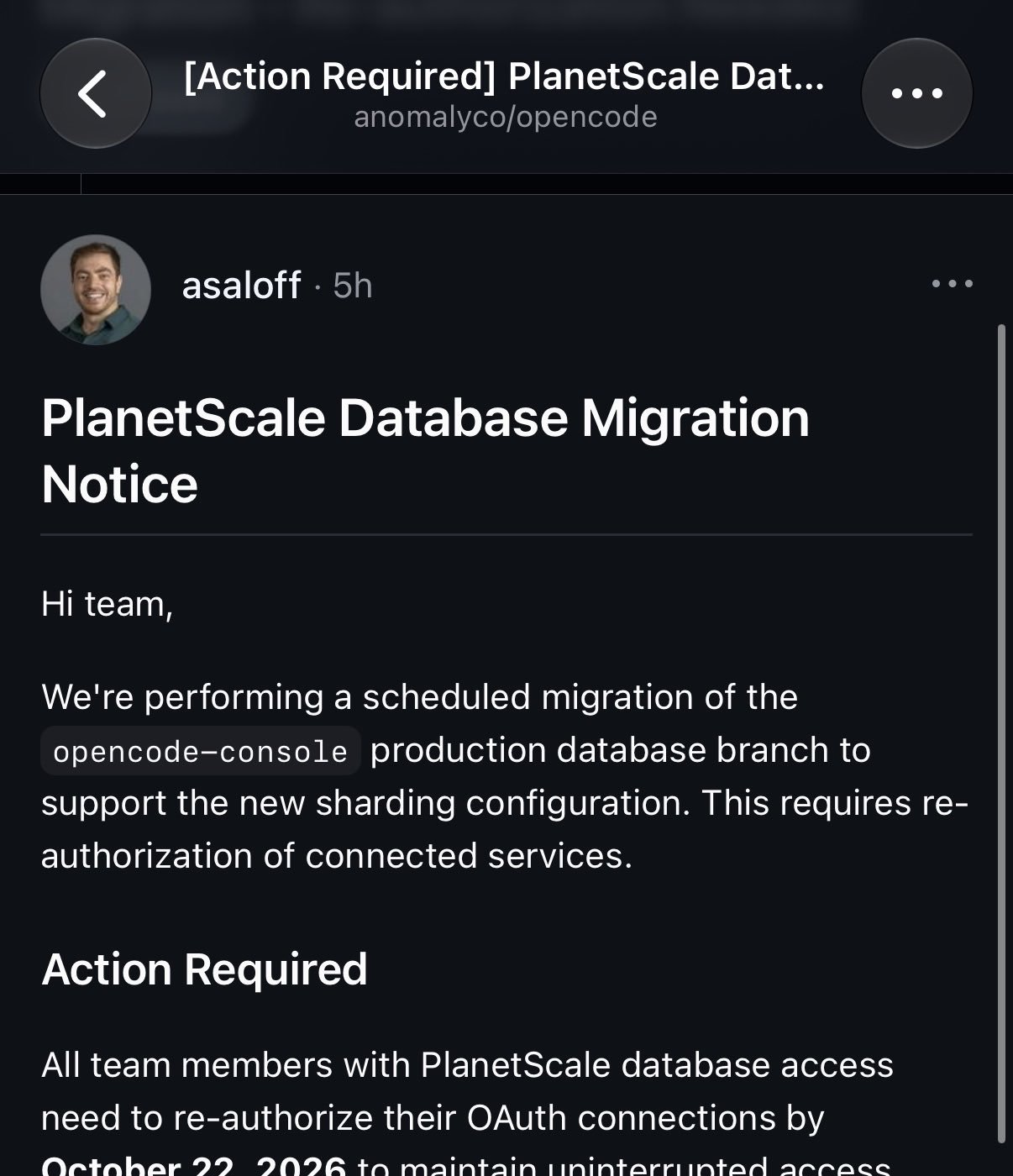 The phishing email posing as a PlanetScale notice, shared by thdxr